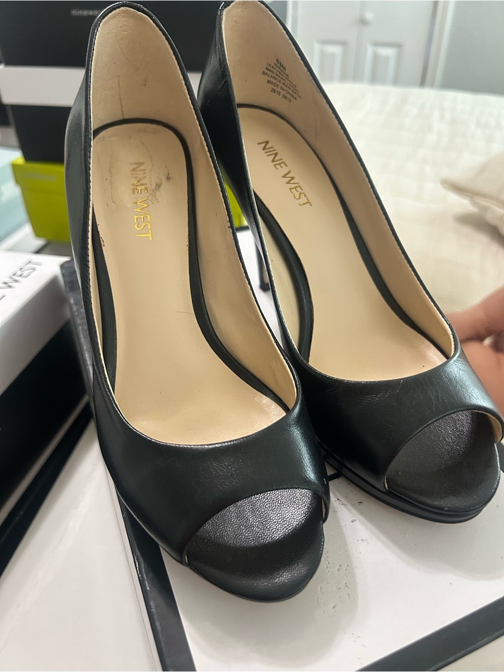 Nine West Black Leather Peep-Toe Heels